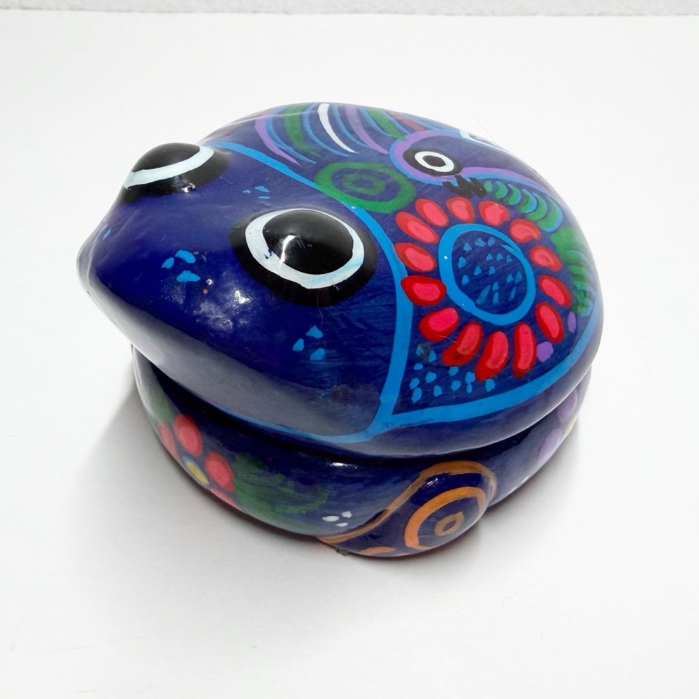 Mexico Terra Cotta Clay Pottery Hand Painted Frog Trinket Box